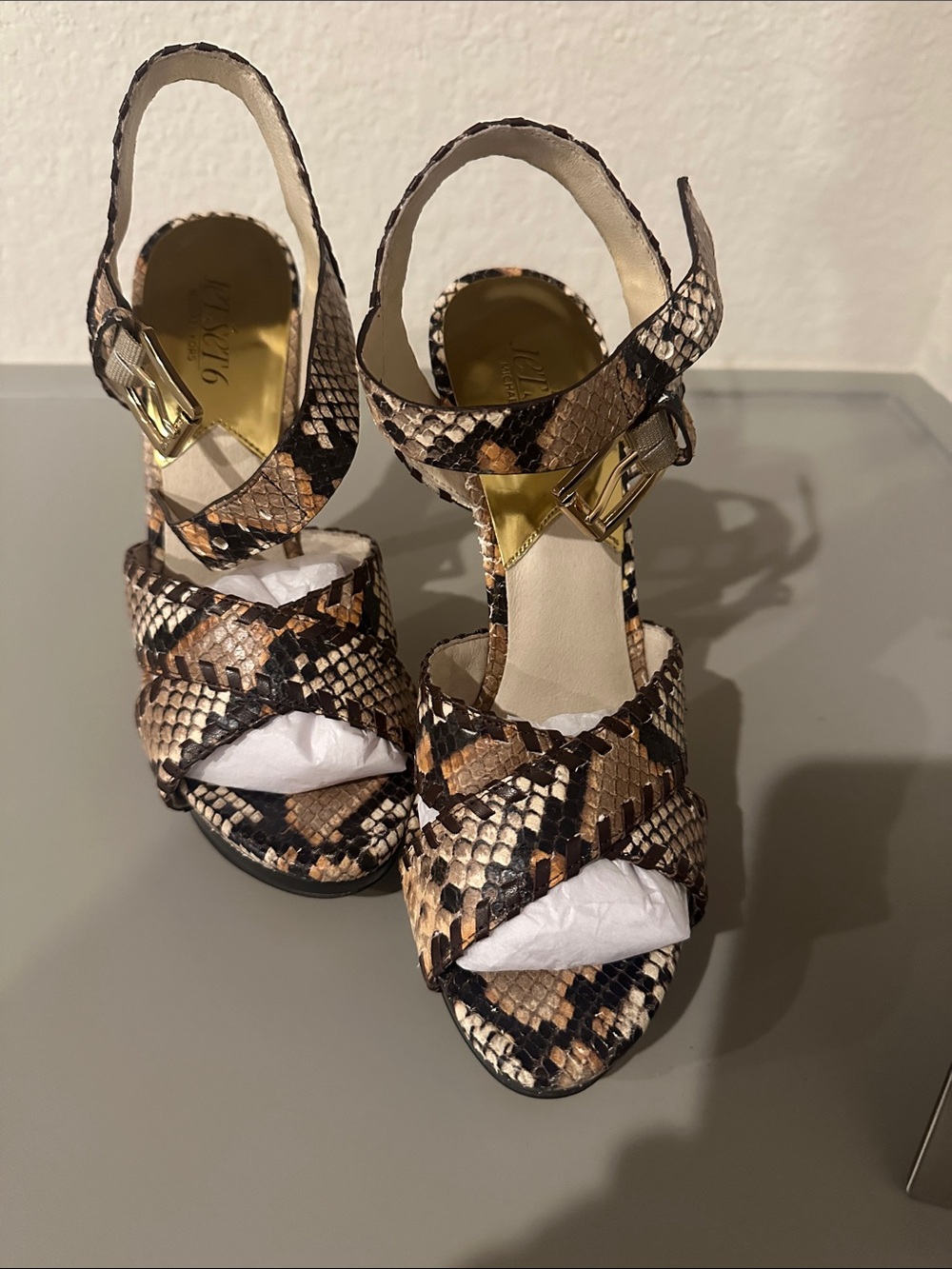 Michael Kors Collection Snake-Print Strappy Heels in Brown and Black